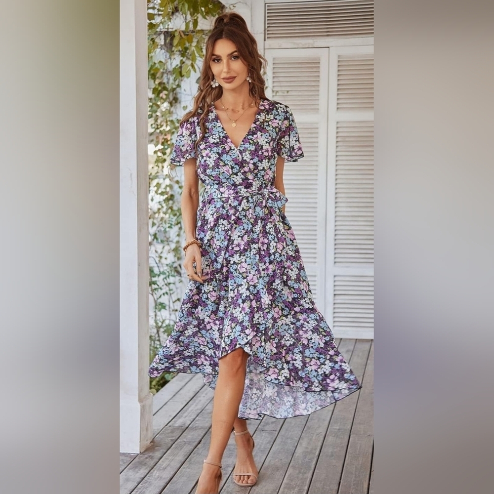 Prettygarden Purple Floral V-Neck Flutter Sleeve Wrap Dress Women's XXL (20-22)